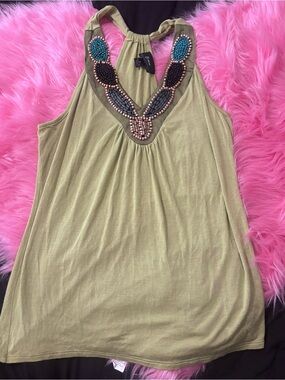Y2K Beaded Embellished Olive Green Tank Top